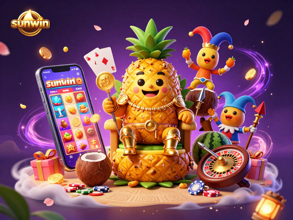Experience sunwin's vibrant casino world with a golden pineapple king, immersive slot games, and dynamic characters.