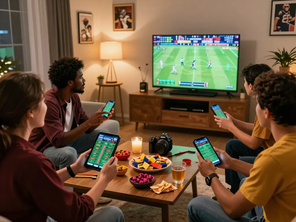 Friends enjoying a sports betting session at home, showcasing sunwin platform excitement.