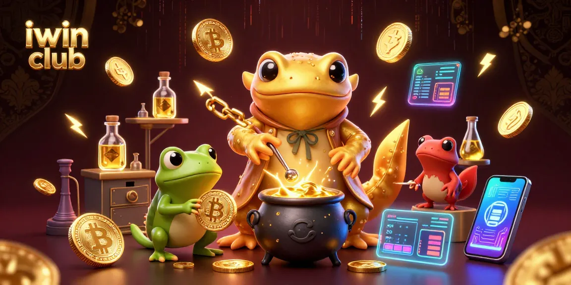 iwin club showcases an alchemist turning metals into coins amidst crypto elements in a vibrant casino scene.