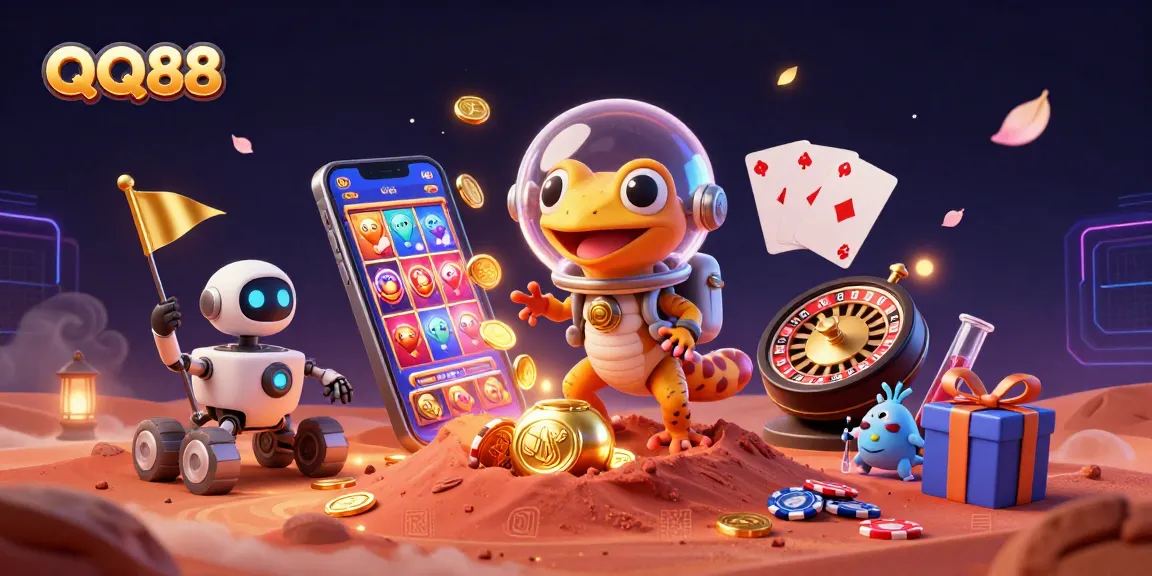 Engage in QQ88's vibrant casino scene with Martian gecko and golden treasures, showcasing dynamic gaming action.