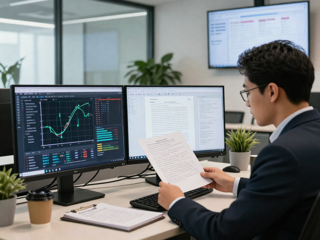 Document fraud detection analyst reviewing digital documents using advanced software in a modern office scene.