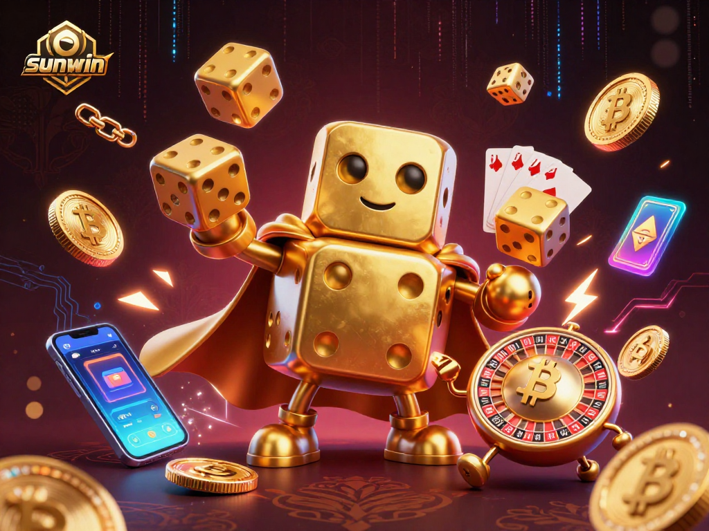 sunwin's vibrant casino scene features a golden dice golem juggling coins, embodying excitement and strategy.