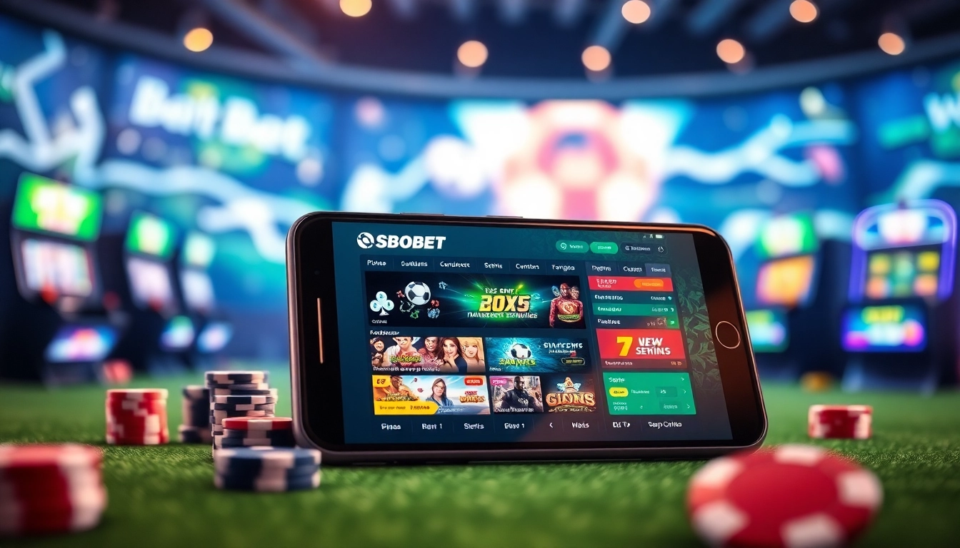 SBOBET.dance showcasing vibrant online gaming options on a smartphone, inviting and engaging.