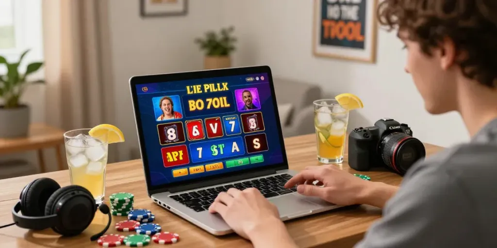 M88 Login alternatif scene featuring a player excitedly engaging with an online gambling interface in a cozy home setting.