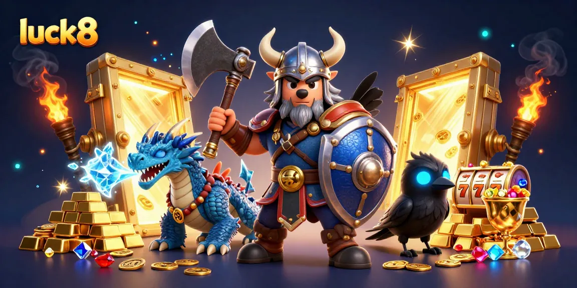 Experience the thrill of luck8 as a Viking warrior and dragon uncover treasures in this vibrant casino scene.