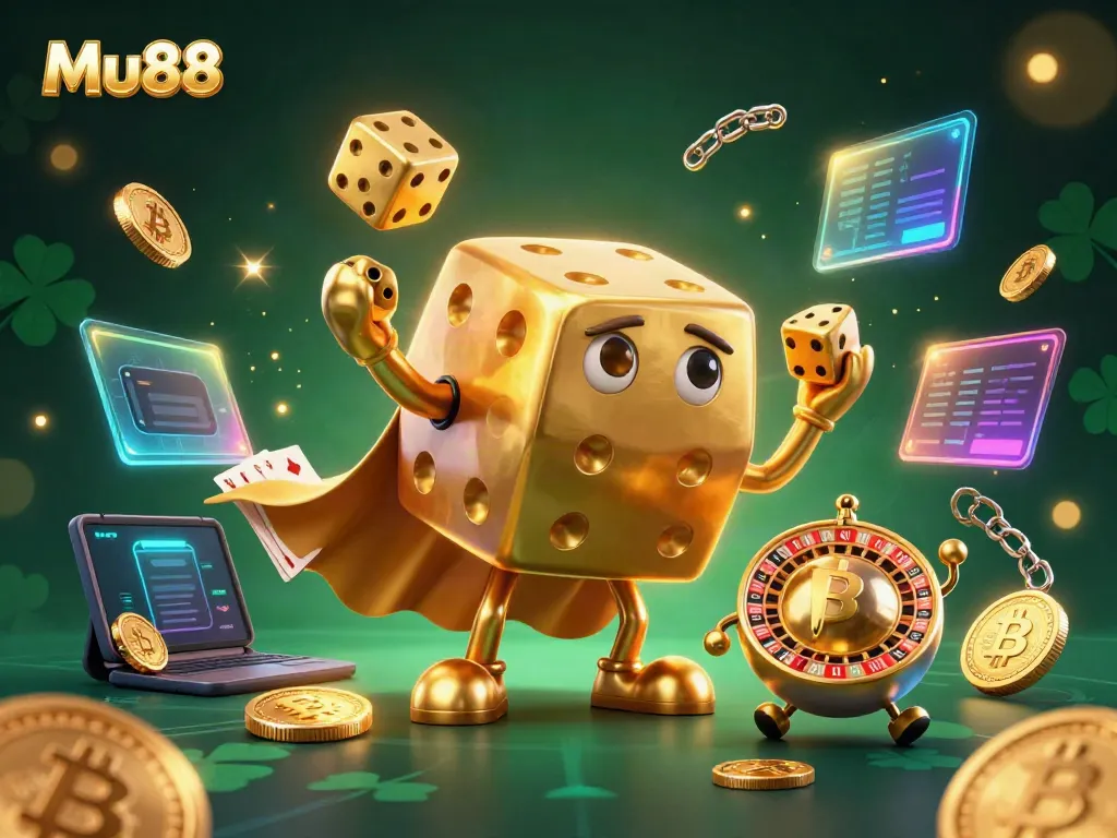 Experience thrilling games at Mu88 with our golden dice character and crypto elements in a vibrant casino scene.