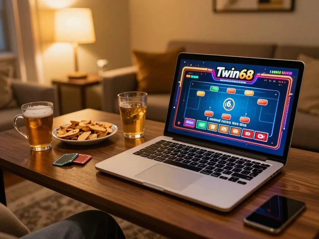 Twin68 gaming experience showcasing an engaging live dealer table on a cozy home setup, highlighting a vibrant gaming atmosphere.