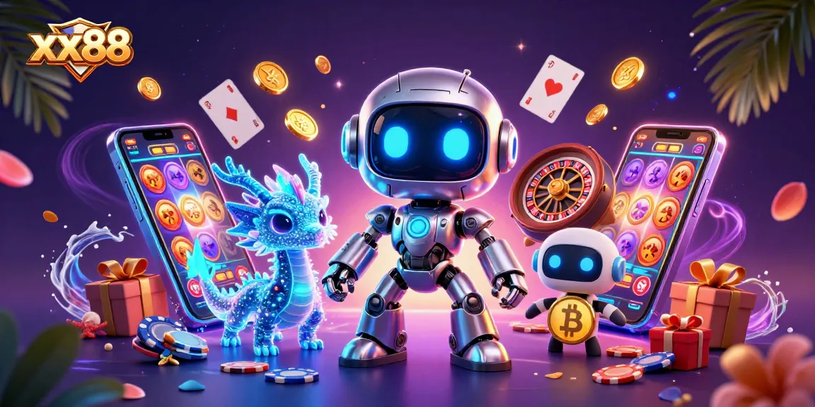 Engage with xx88's vibrant gaming scene featuring dynamic characters, 3D games, and crypto elements in action.