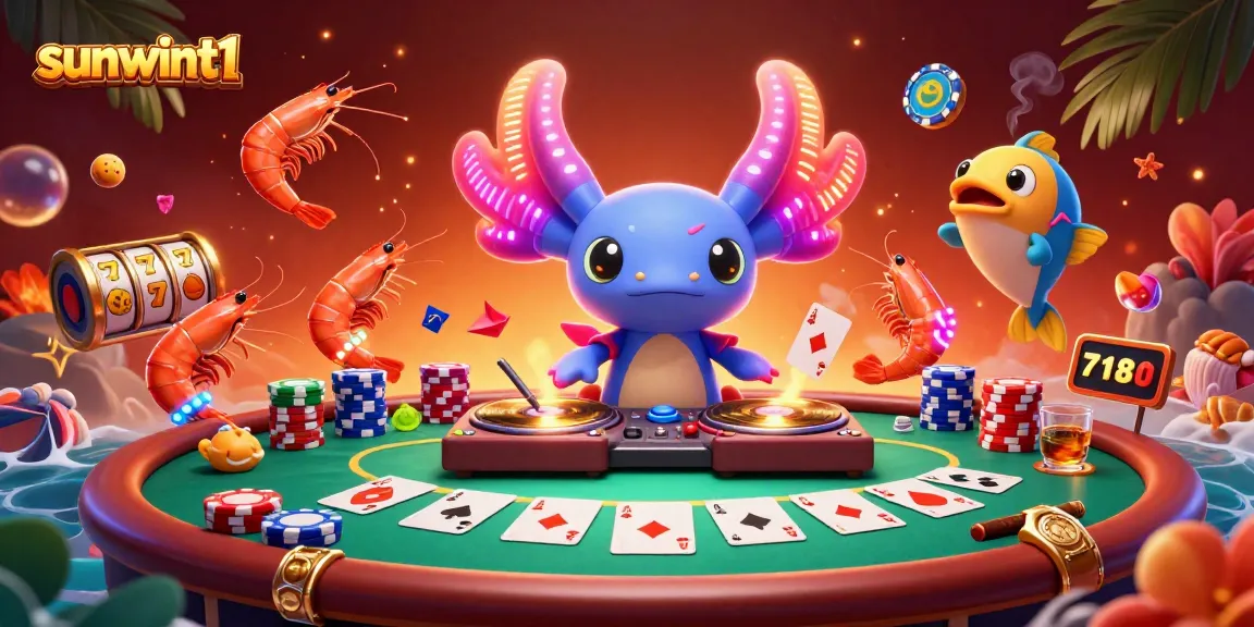 Engage in vibrant gaming excitement with sunwint1 as the neon axolotl DJ spins at a lively casino scene.