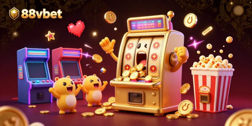 Watch the 88vbet slot machines hit jackpots amidst a vibrant casino arcade atmosphere.