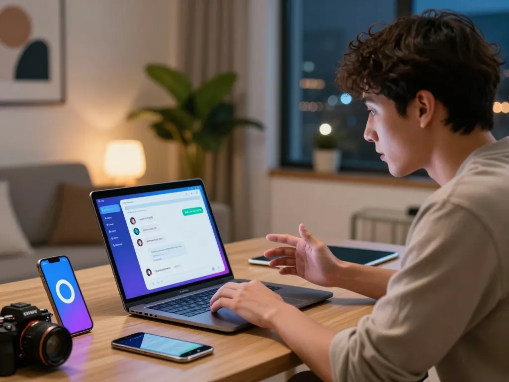 Engaging in a digital conversation with an AI chatbot about sex AI in a cozy modern room.