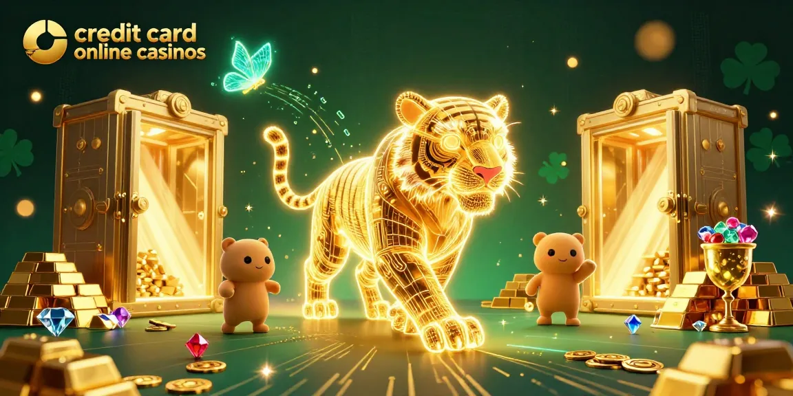 Enter the world of credit card online casinos with a vibrant illustration featuring a golden tiger in a digital casino landscape.