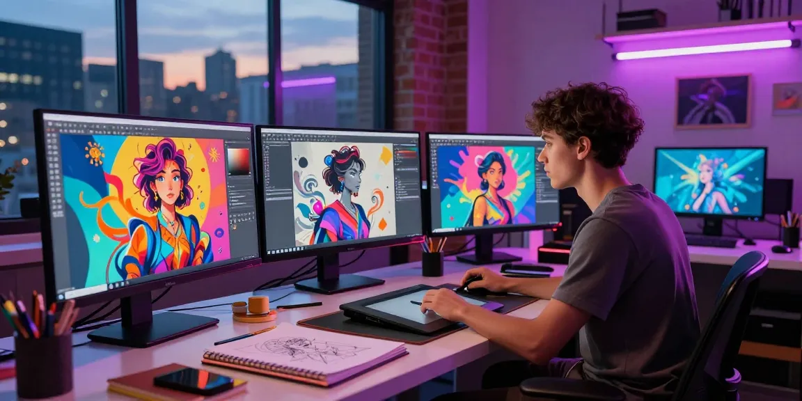 Creative workspace showcasing NSFW AI character designs on multiple screens with vibrant ambiance