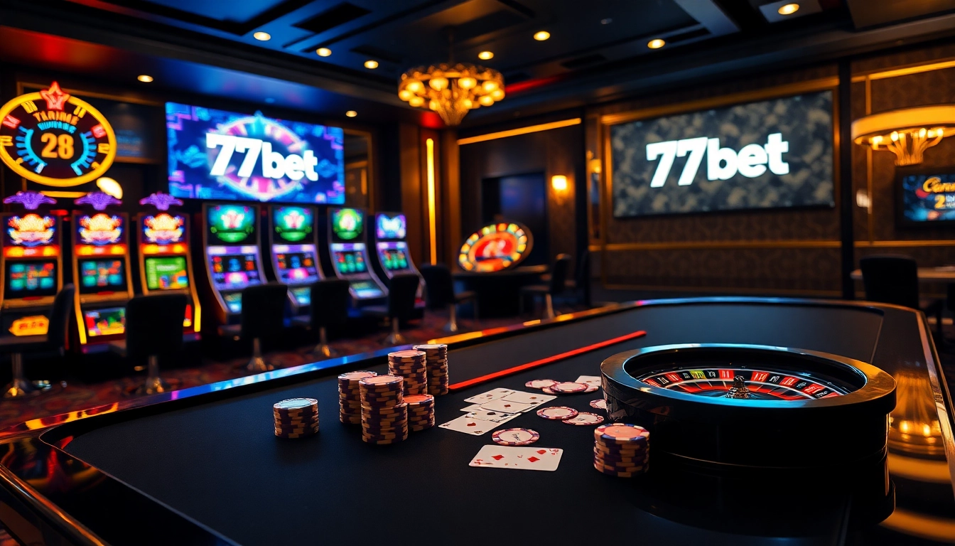 Players enjoying a thrilling game at a luxurious casino table featuring 77Bet brand elements.