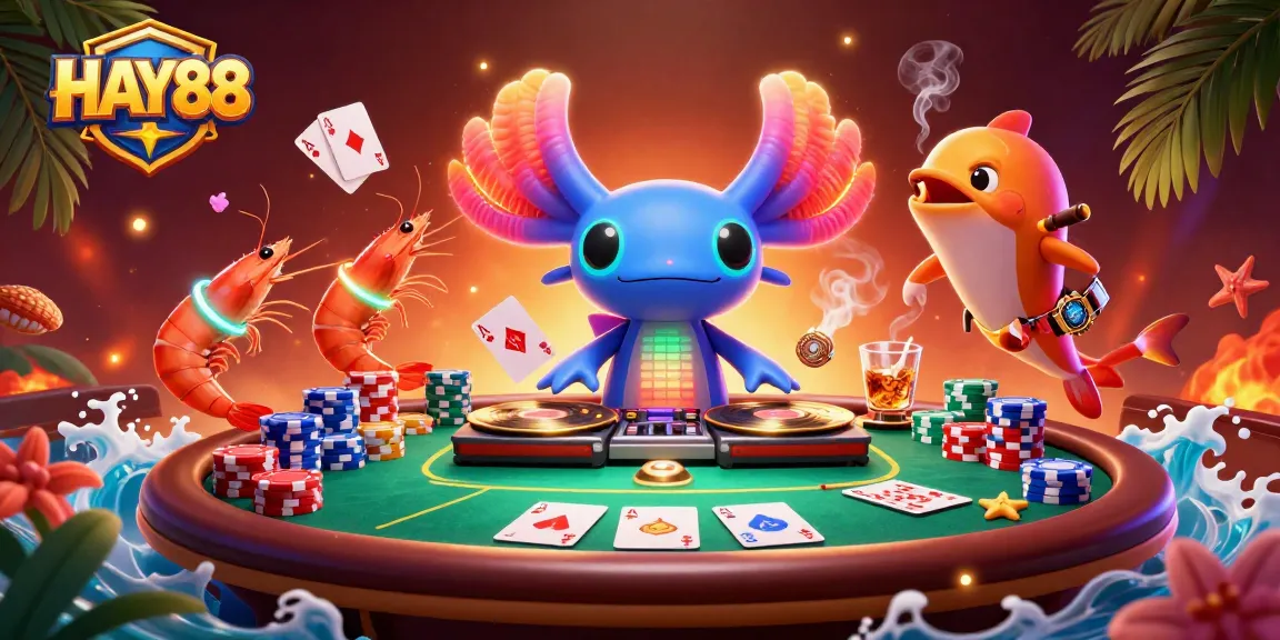 Experience HAY88's thrilling atmosphere with vibrant characters and poker elements in a lively casino scene.