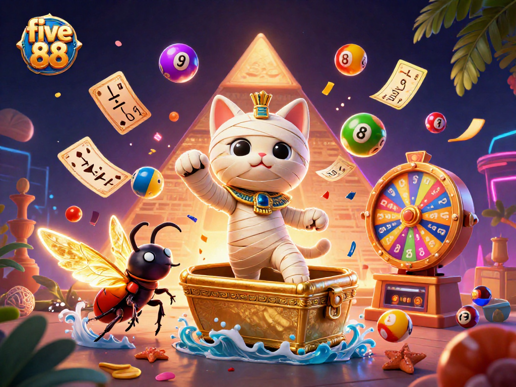 Experience excitement with five 88 as the Egyptian mummy cat and friends burst into a vibrant casino.