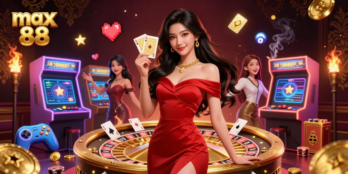 Experience the thrill of max 88 with a glamorous woman holding a golden playing card beside a roulette wheel.