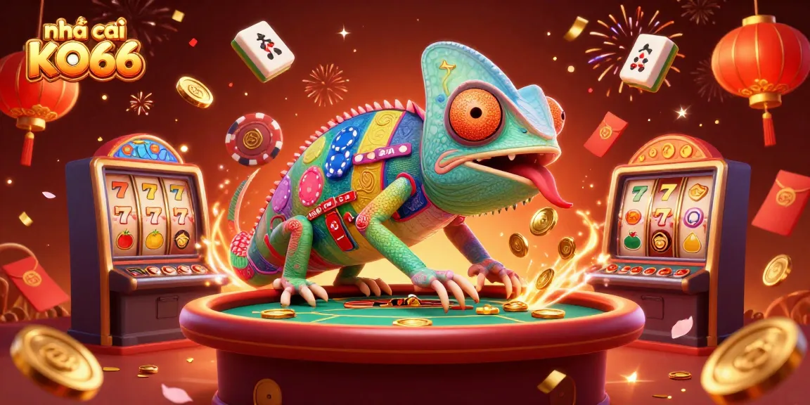 Engage with the nhà cái KO66 illustrated scene featuring a lively casino atmosphere filled with slot reels and festive elements.