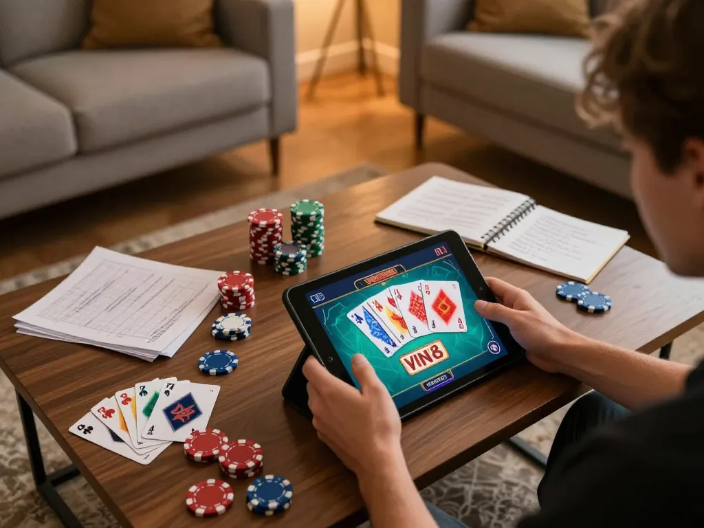 Player enjoying VIN88 poker game on a tablet, showcasing excitement and strategic engagement.