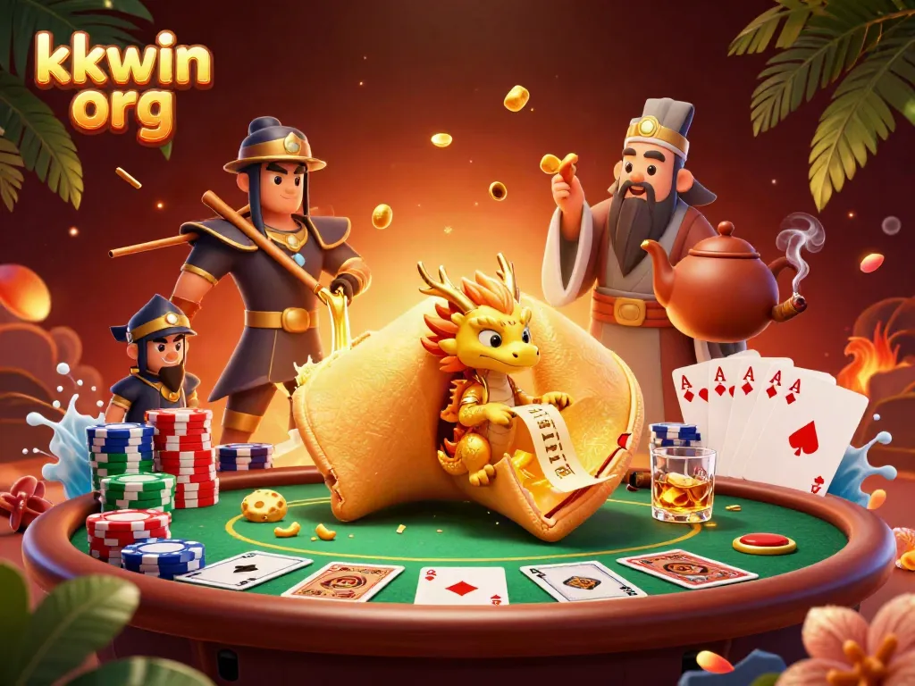 Experience thrilling gameplay at kkwin org with a dynamic casino scene featuring a fortune cookie and poker elements.
