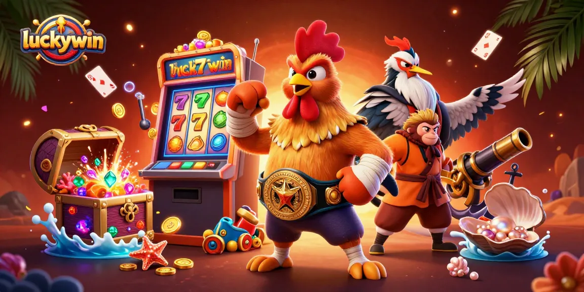 Experience the thrill of luckywin with dynamic game symbols and vibrant characters in an exhilarating casino scene.