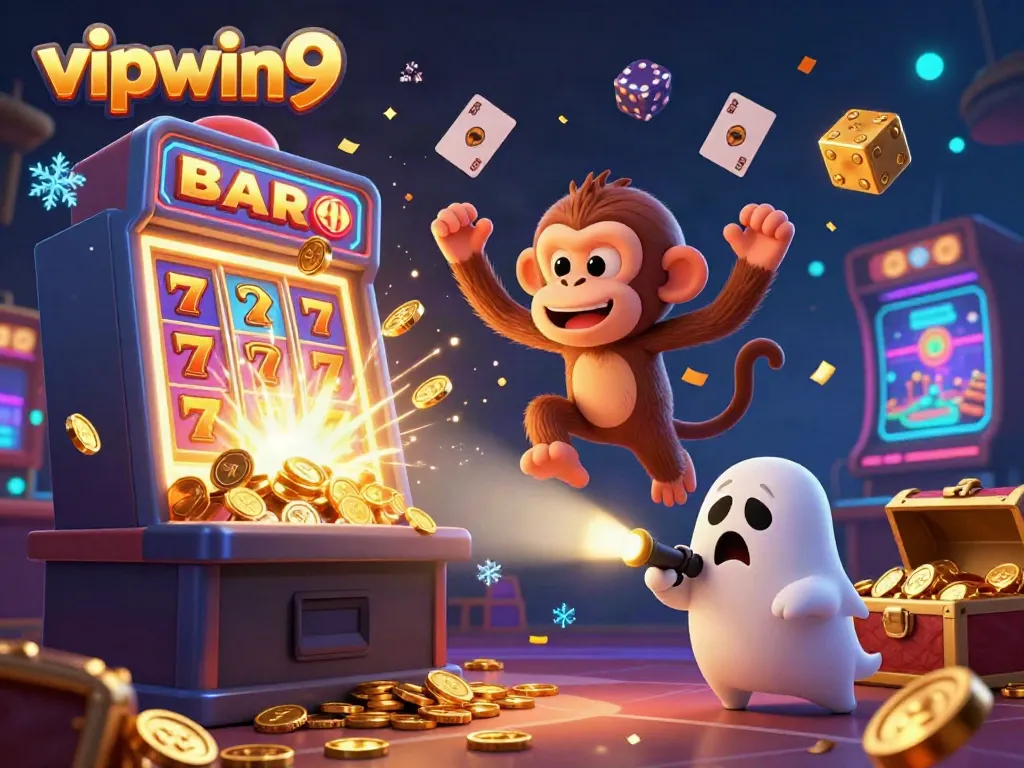 Engage with vipwin9's casino world featuring a mischievous monkey juggling gold coins amidst a thrilling gaming environment.