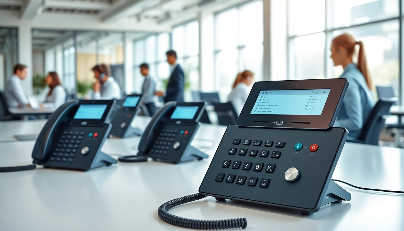 Visualize a voip phone system for small business in a modern office, showcasing effective communication tools.