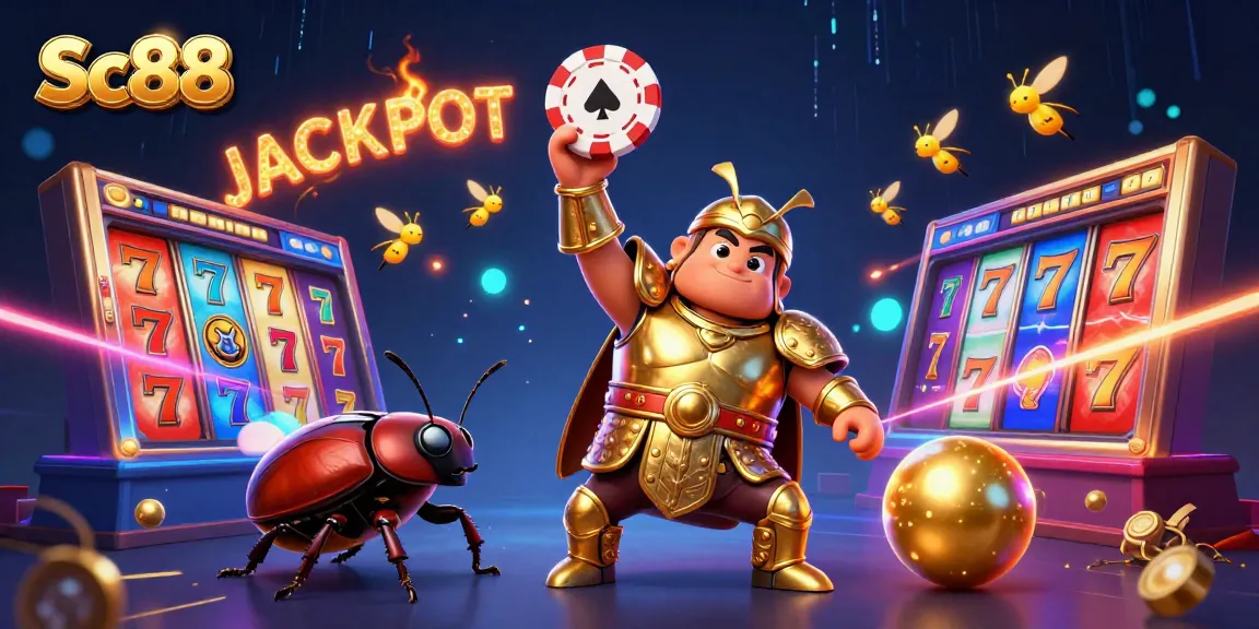Engage with Sc88's vibrant jackpot scene featuring a heroic beetle and dynamic slot elements.