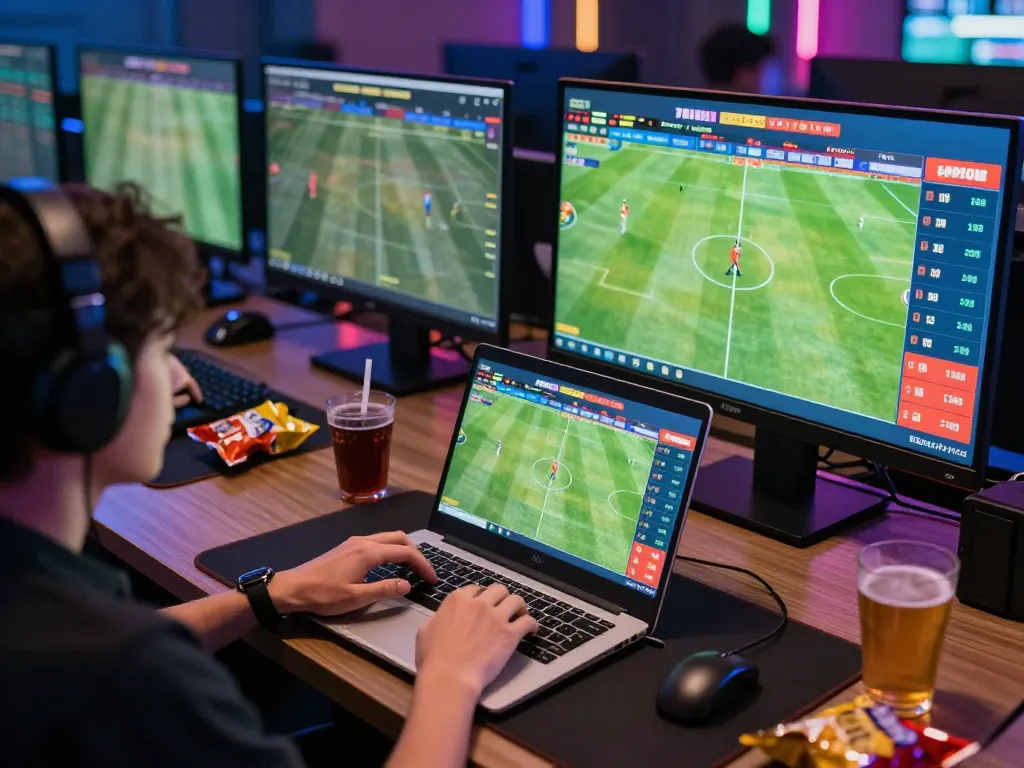 Xoilac sports betting scene with active user engaging in live match betting using laptop, displaying vibrant odds and interface.