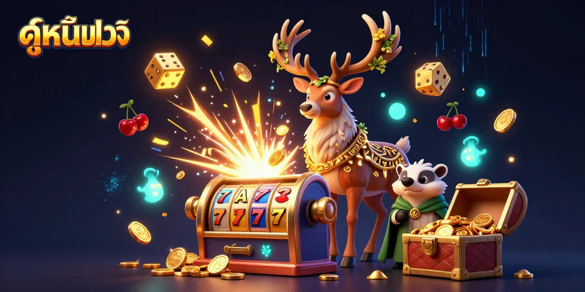 Engage in ดูหนังออนไลน์ with this vibrant casino scene featuring golden coins and dynamic slot machines.