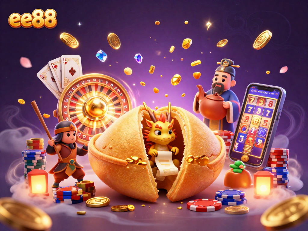 Spin the reels with ee88, featuring a dynamic 3D casino scene full of golden coins and game elements.