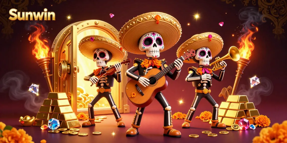Join the excitement at Sunwin with vibrant 3D mariachi characters amidst gold treasures and gaming elements.