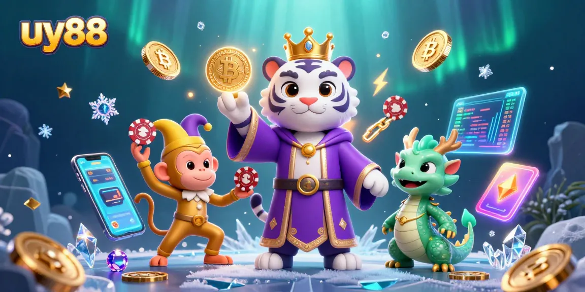 Engage with uy88's vibrant gaming world featuring a mystical tiger and playful monkey in a casino setting.