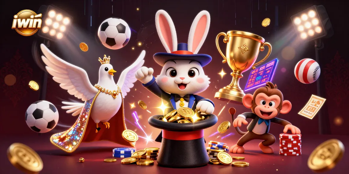 Play at iwin with a 3D magician rabbit, dove, and monkey surrounded by dynamic casino elements.