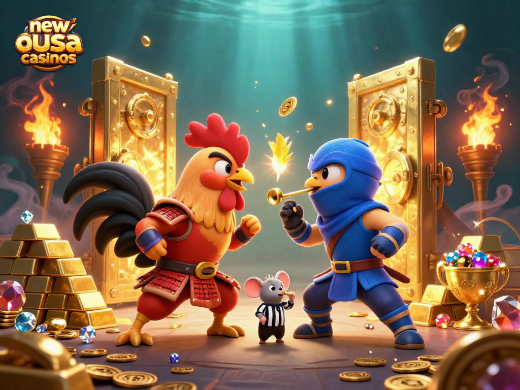 Experience thrilling action with new usa online casinos showcasing a showdown of cartoon roosters.