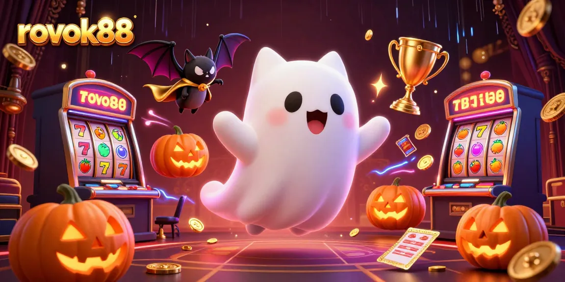 Experience the thrill of rokok88 with a vibrant haunted casino scene filled with lucky symbols and animated characters.