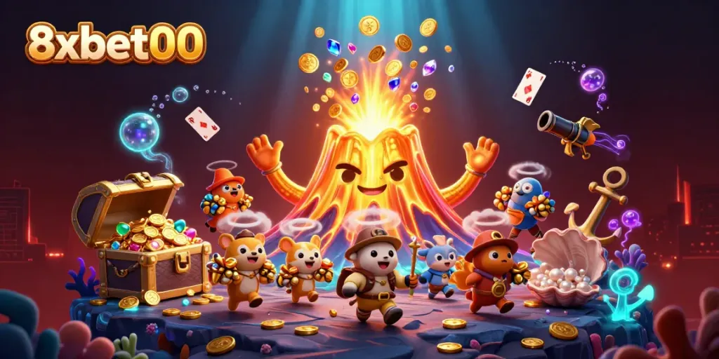 Experience the thrilling world of 8xbet00 with a vibrant scene of treasure and adventure in a casino setting.