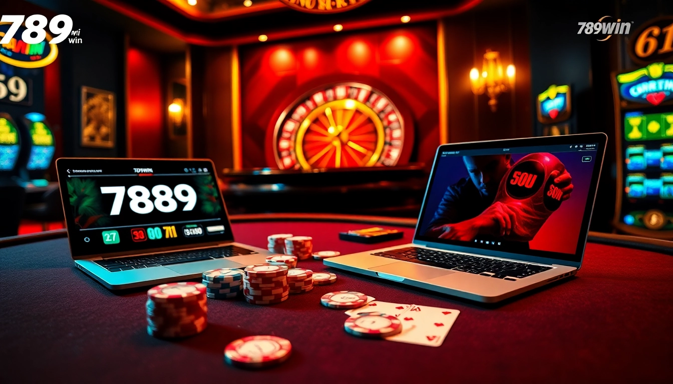 Experience the excitement of 789win at an upscale poker table surrounded by vibrant casino elements.