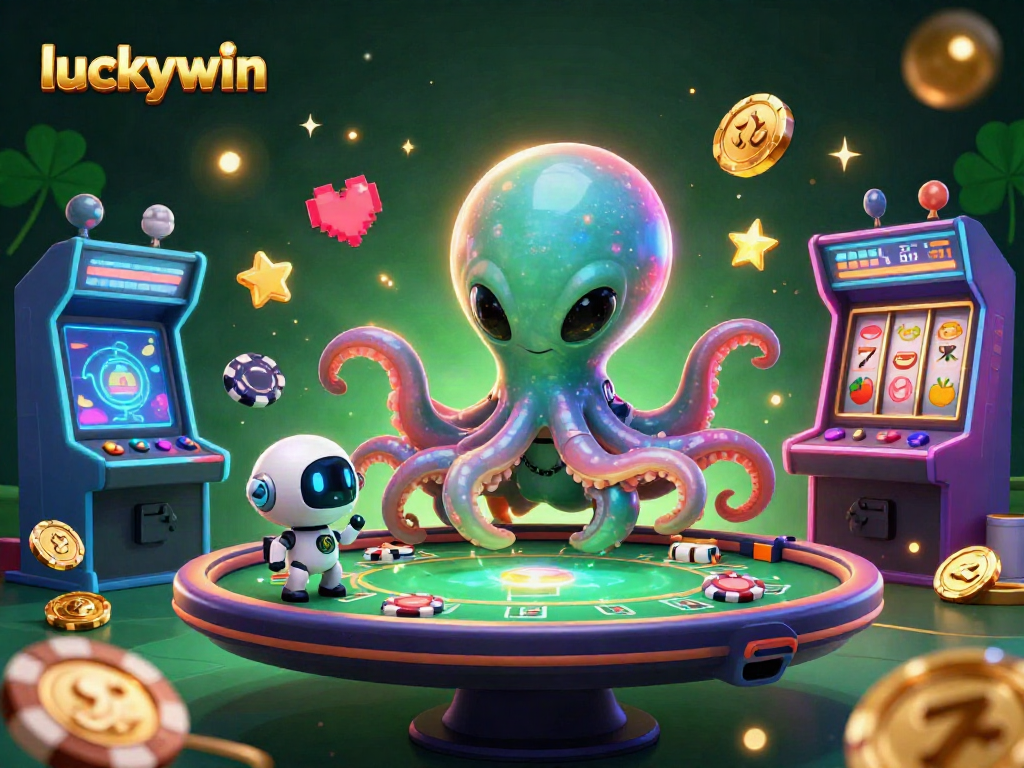 Experience the luckywin excitement at a cosmic poker game with a thrilling 3D octopus and robot!