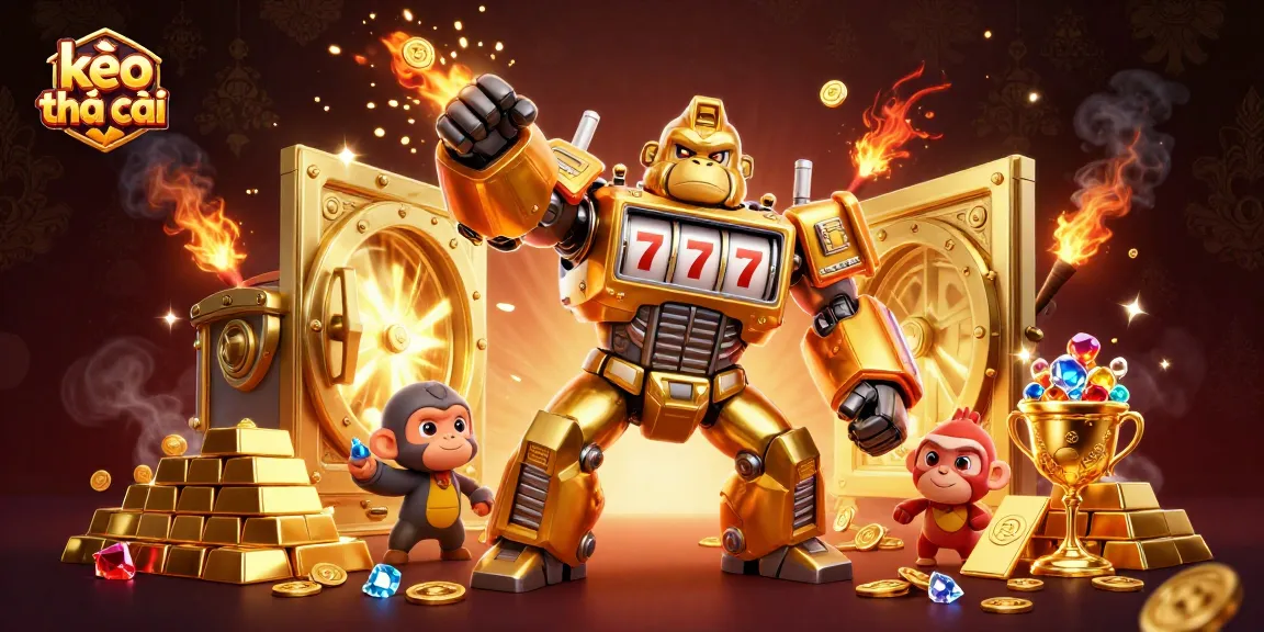 Experience the excitement of kèo nhà cái with a dynamic 3D gorilla mech and gold treasures in a casino scene.