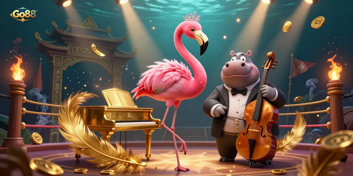 Experience the thrill of winning with Go88 at this vibrant casino scene featuring animated characters and dynamic gambling elements.