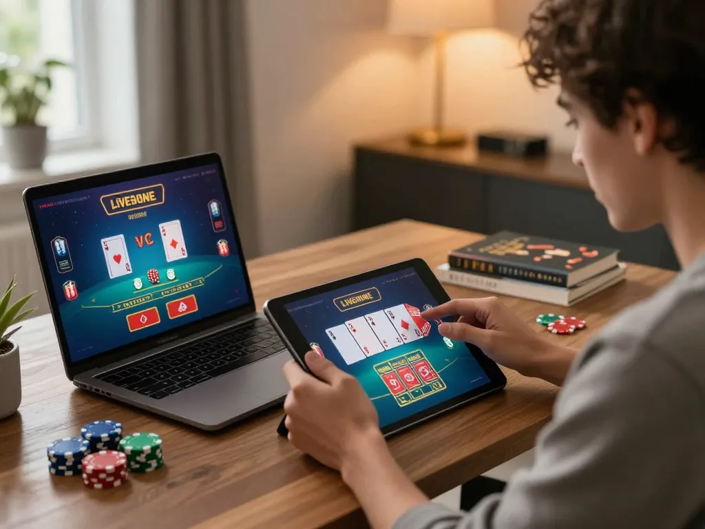 Experience the thrill of bu88 as a player strategizes over live blackjack on a sleek tablet.