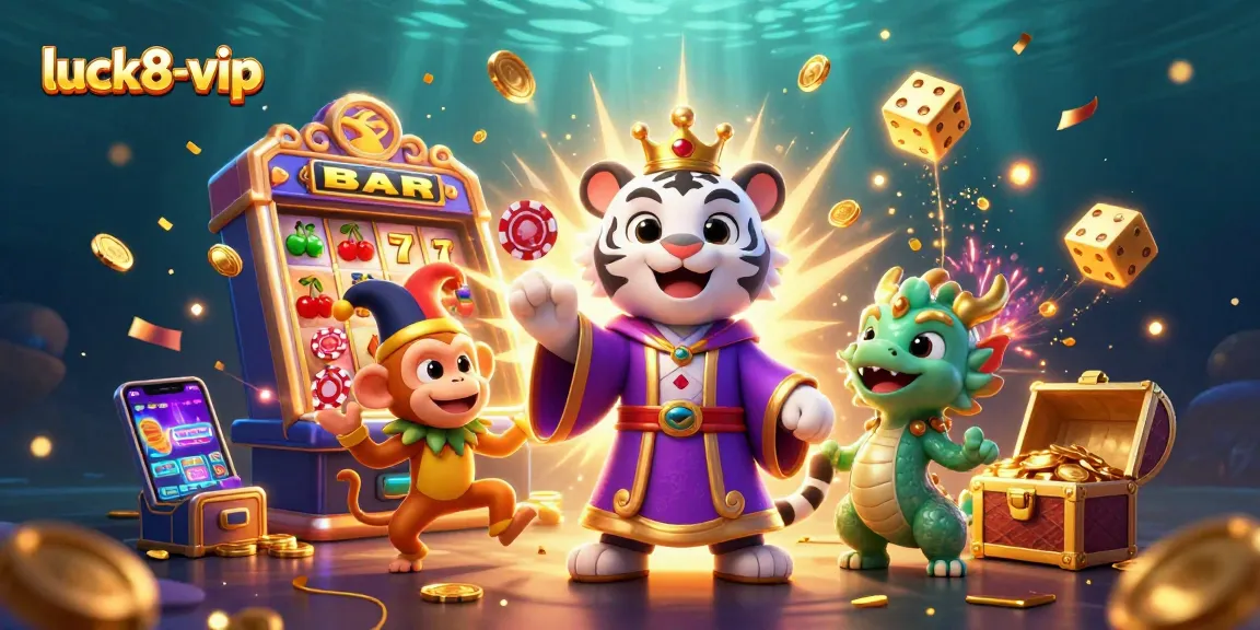 Engage in thrilling action at luck8-vip with a lively illustration of a royal tiger and a juggling monkey in an exciting casino environment.