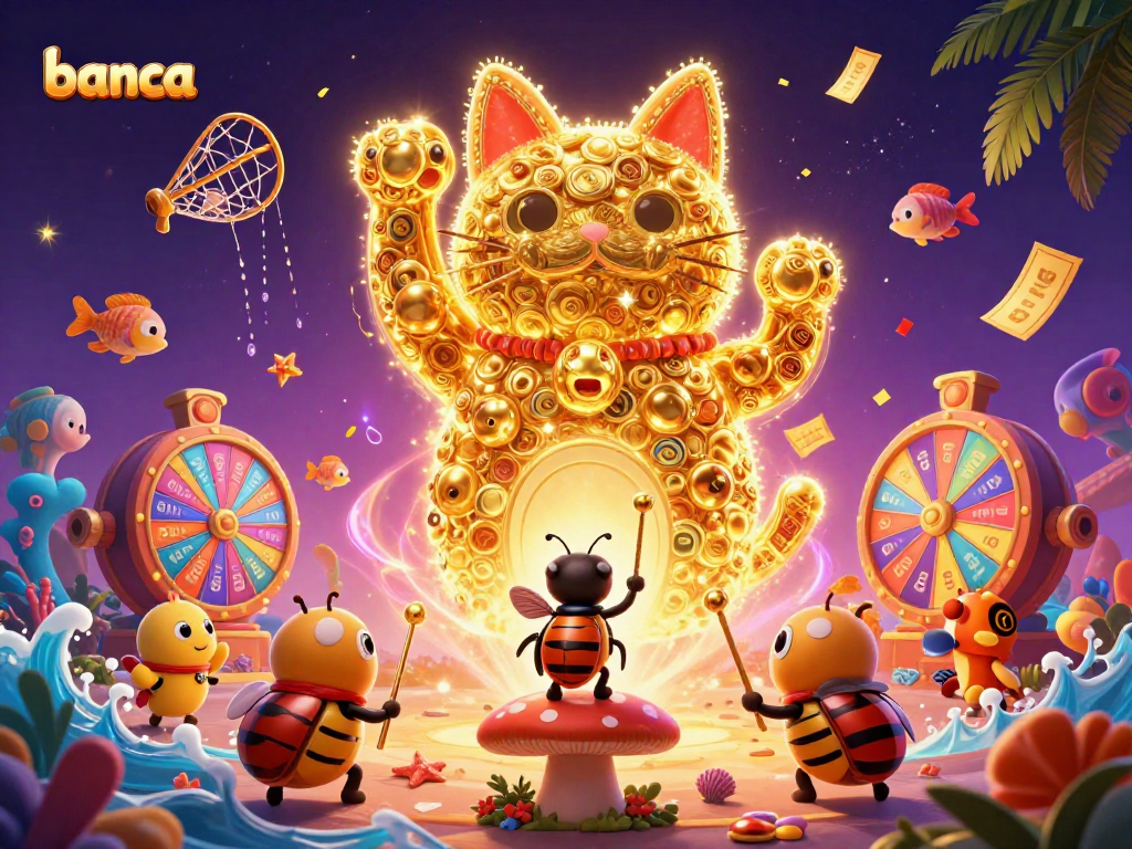 Engage in the exciting world of banca with colorful underwater elements and lucky cat symbols in this vibrant illustration.