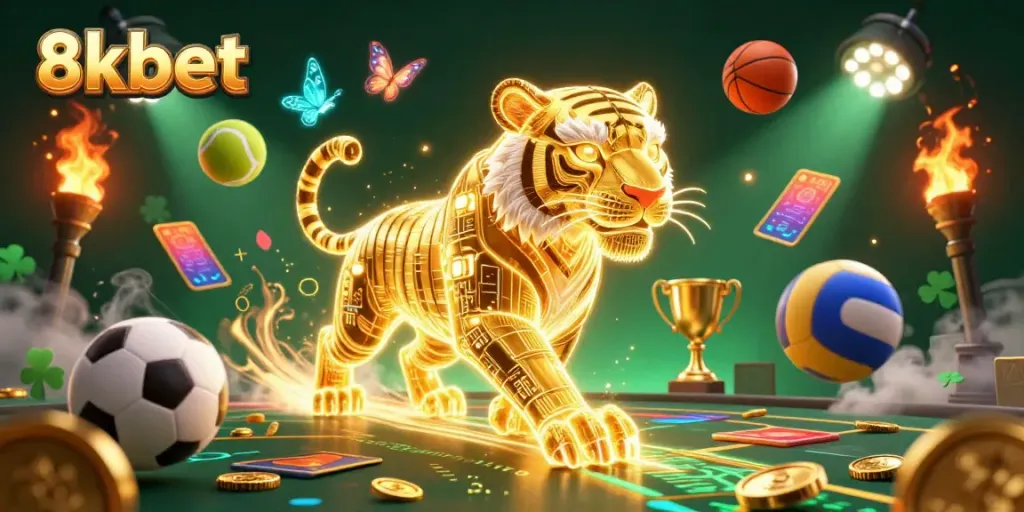 Bet on exciting games with 8xbet and an illuminating tiger in a vibrant casino.
