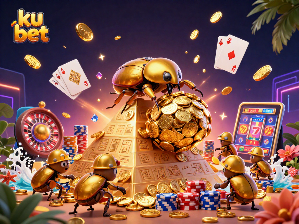 Experience the excitement of ku bet with a dynamic casino scene showcasing golden coins, a vibrant beetle advertising the games.