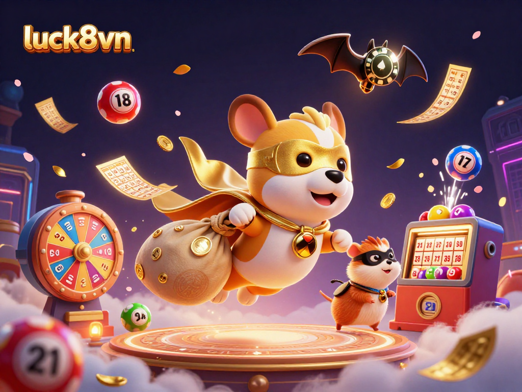 Experience luck8vn with a vibrant casino scene showcasing a superhero dog, colorful lottery balls, and prizes swirling around.