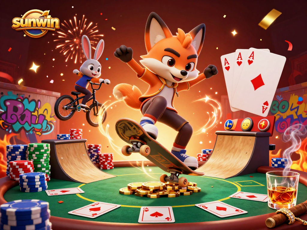 Experience thrilling gameplay with sunwin's vibrant illustration of a fox and rabbit in a dynamic casino scene.