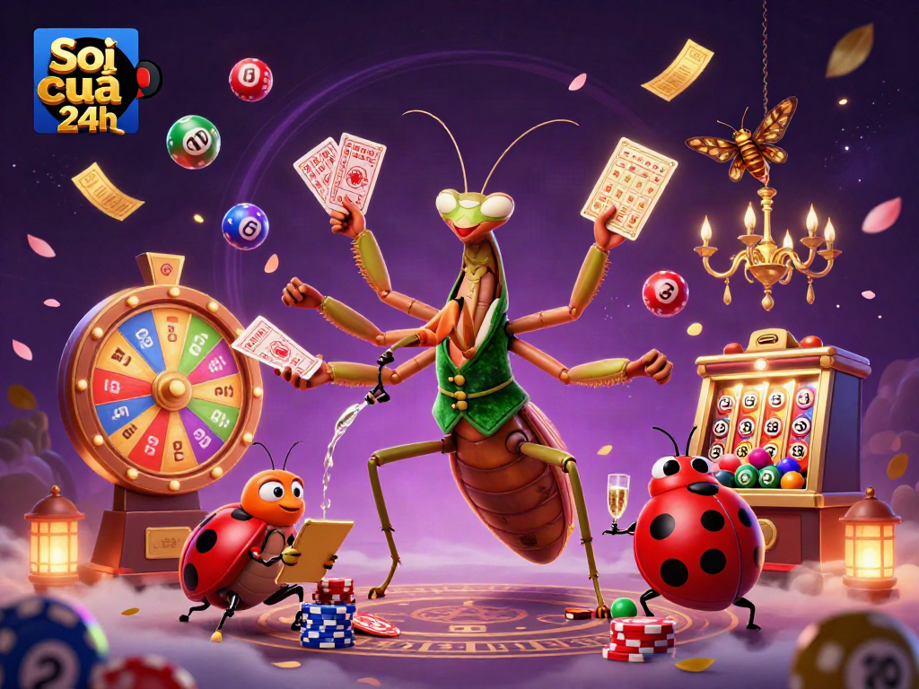 Soi cầu 24h dynamic lottery scene with vibrant characters interacting among colorful gaming elements.