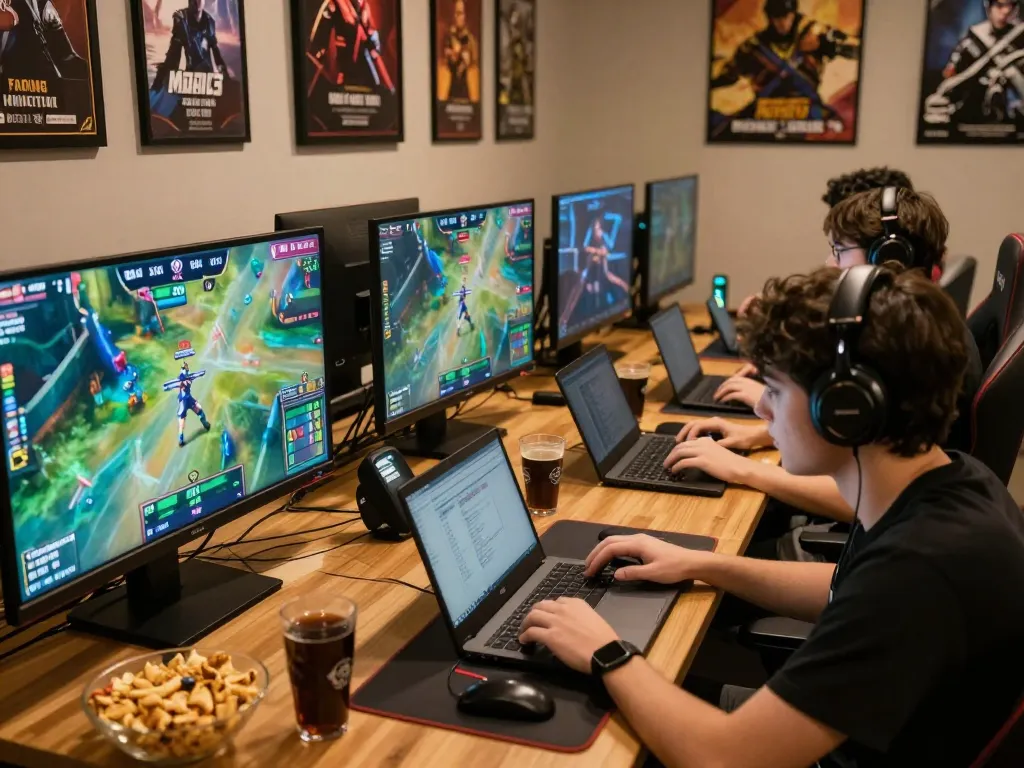 Engaged friends strategizing esports betting using TR88 platform, showcasing analysis and excitement